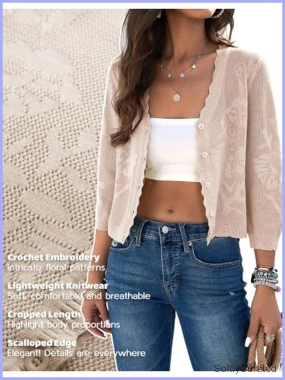 Crochet Textured Shrugs, 3/4 Sleeve Button Down Cardigan, Lightweight Knitwear